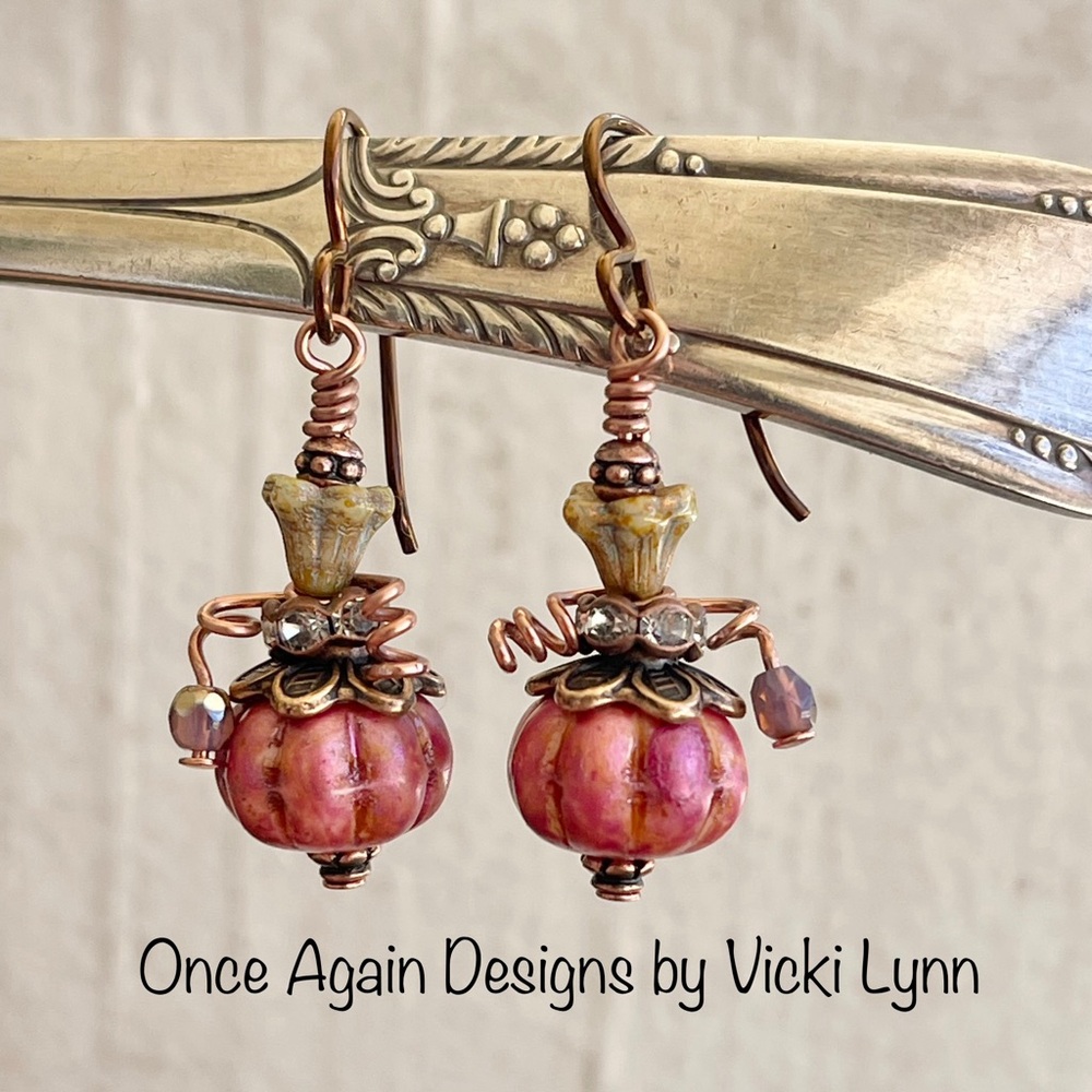 Hand Crafted “Pretty in Pink Pumpkin” Dangle Earrings - Picture 3 of 10